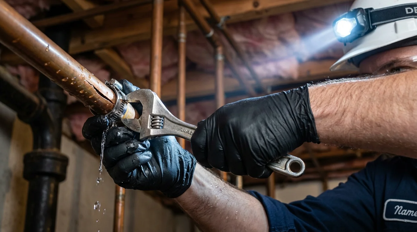 Emergency pipe clamp repair being performed by a Johns Plumbing LLC plumber in Searcy