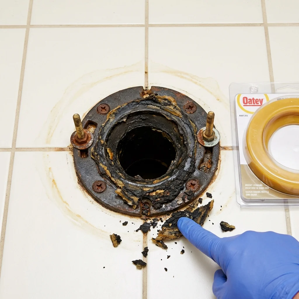 Failed wax ring showing water seepage at the base of a toilet in a Searcy, AR home