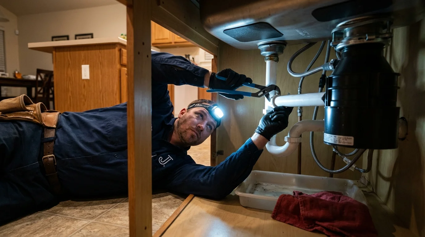 P-trap and supply line connections under a kitchen sink showing a common leak point in Searcy, AR
